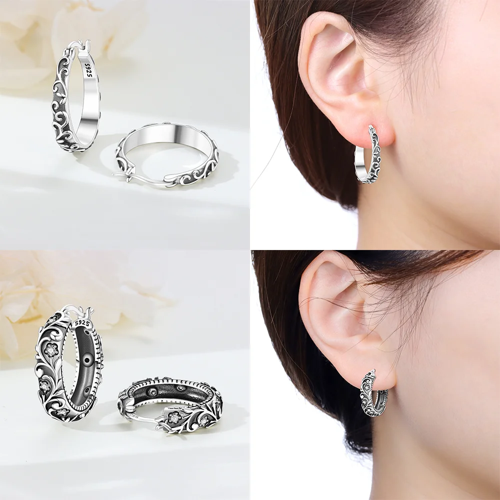 Earrings 925 Silver Vintage Floral Geometric Hoop Earrings Carved Pattern Fashion Simple Earrings Jewerly Birthday Gift Women