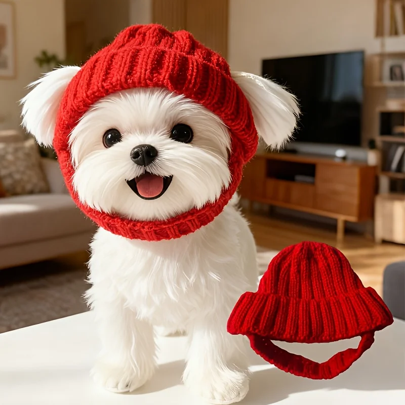 Malteser-Hunde-Beanie-Mütze, gemütlicher weicher Strick mit Ohrenklappen, niedliches verspieltes Hundedesign, für kleine Hunde, Rot und Winter, Innen-/Außengebrauch