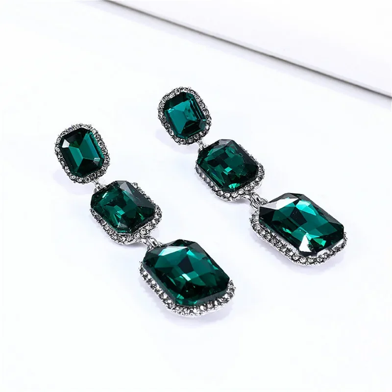 New Retro Black Gold Color Exaggerated Deep Green Long Drop Earrings for Women Clear Red Square Pendant Earring Wedding Jewelry