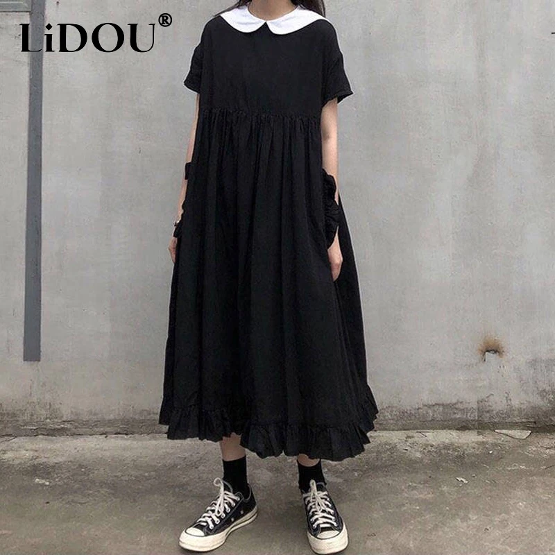 

Summer New Fashion Oversized Doll Collar Loose Casual Maxi Dresses Ladies Short Sleeve Vintage Ruffles Folds Robe Femme Vestidos