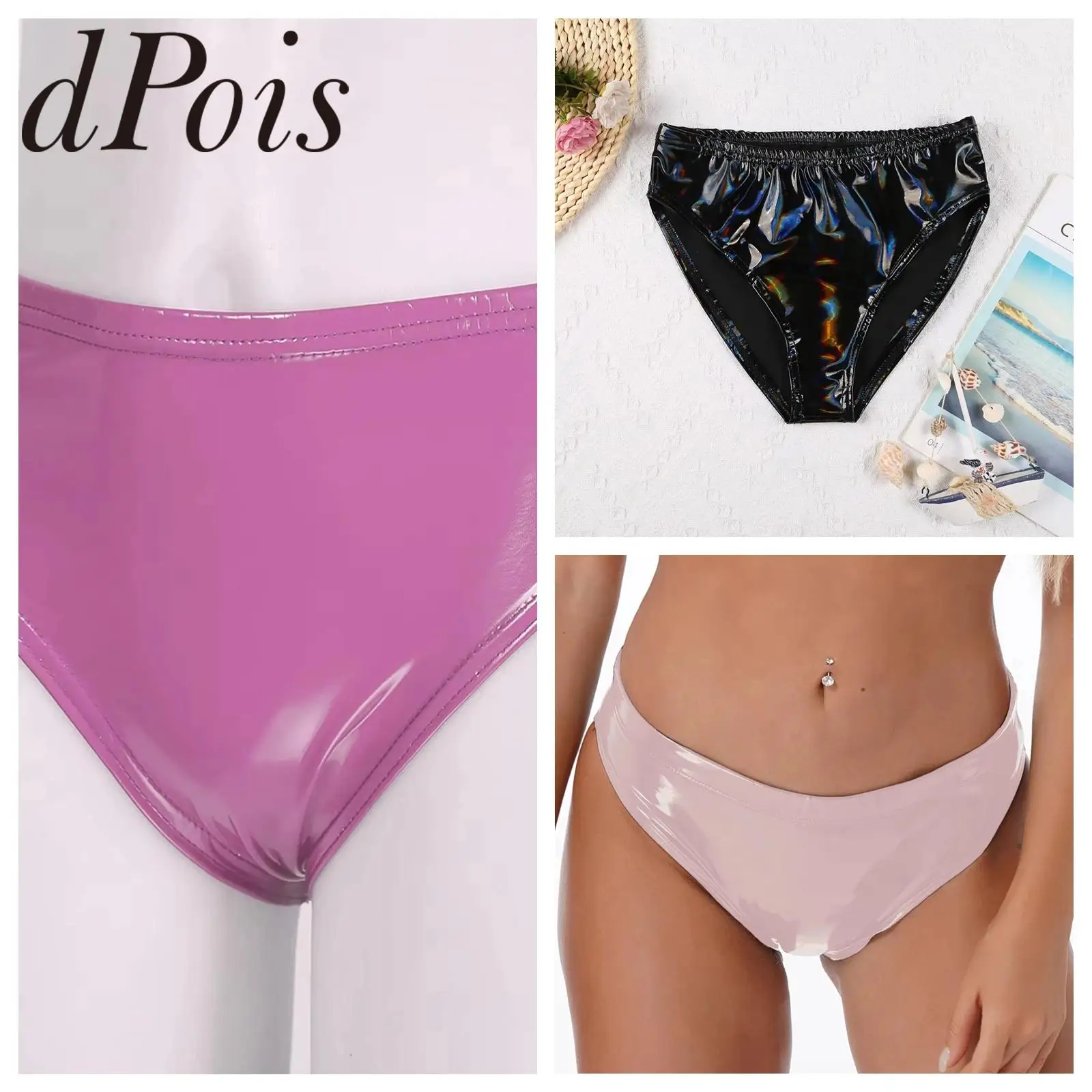 

Woman Low Raise Swimwear Latex Underwear Wetlook Patent Leather Briefs Panties Lingerie Underpants Bathing Pole Dancing Clothes