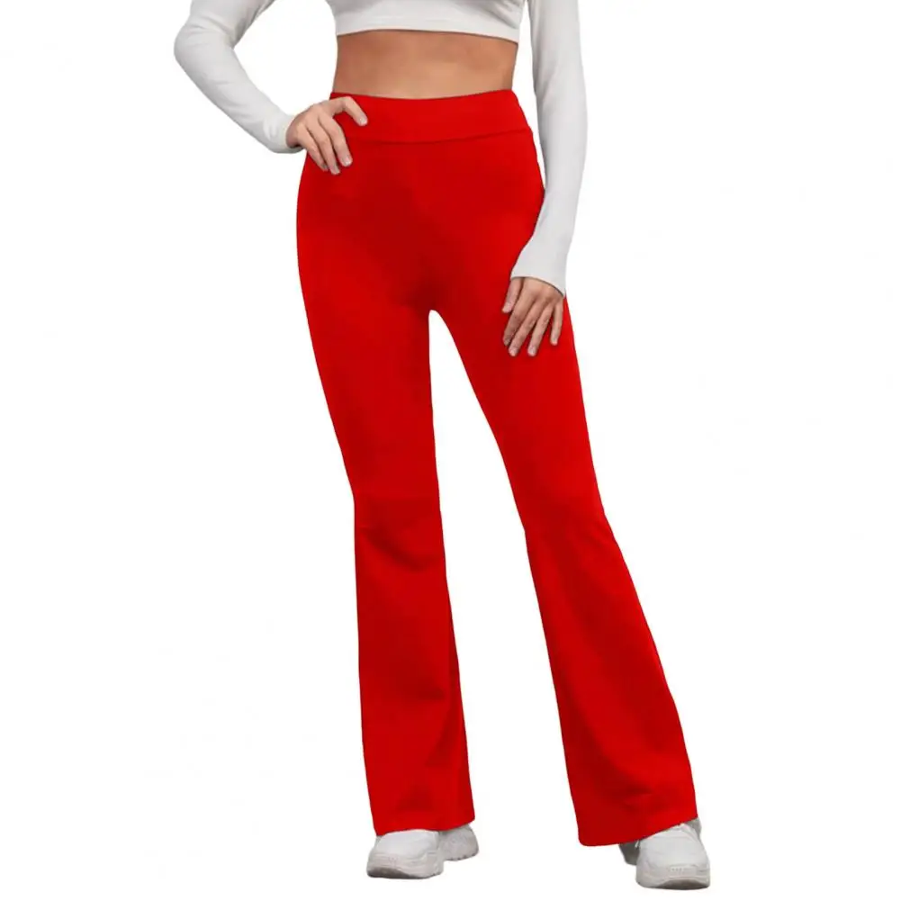 

High-Waist Elastic Lady Trousers Women Solid Color Sports Flared Lady Slim Stretchy Flare Pants