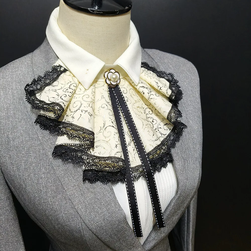 Court-style Ruffled Lace Camellia with Gold-foiled Pearls Bib  Shirt Overlay  Evening Party and Wedding Faux Collar Corsage