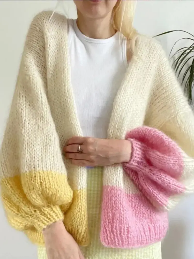 Candy colored knitted sweater for women\'s cardigan jacket, mohair thick needle casual lazy style knitted top, hand woven