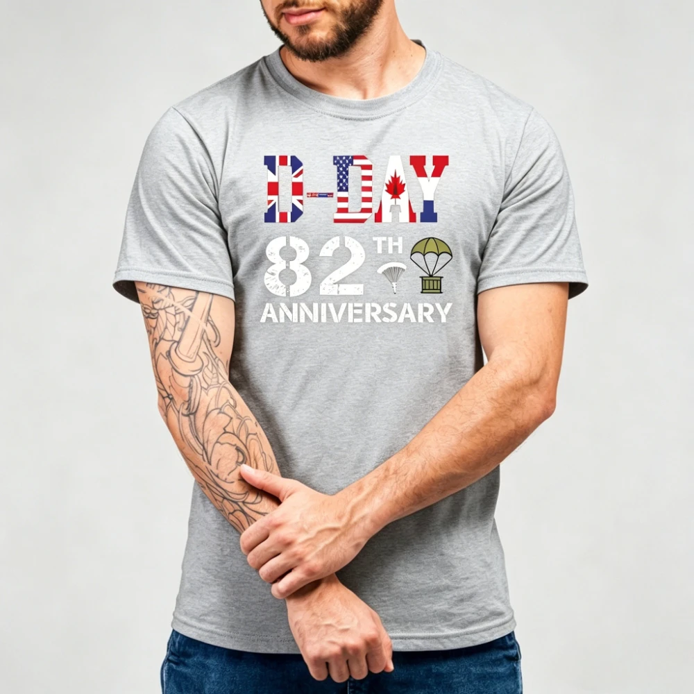 D-Day 82nd Anniversary Graphic T-Shirt Vintage Allied Flags Print Shirt Normandy Landing Commemorative Patriotic History Tee view 3
