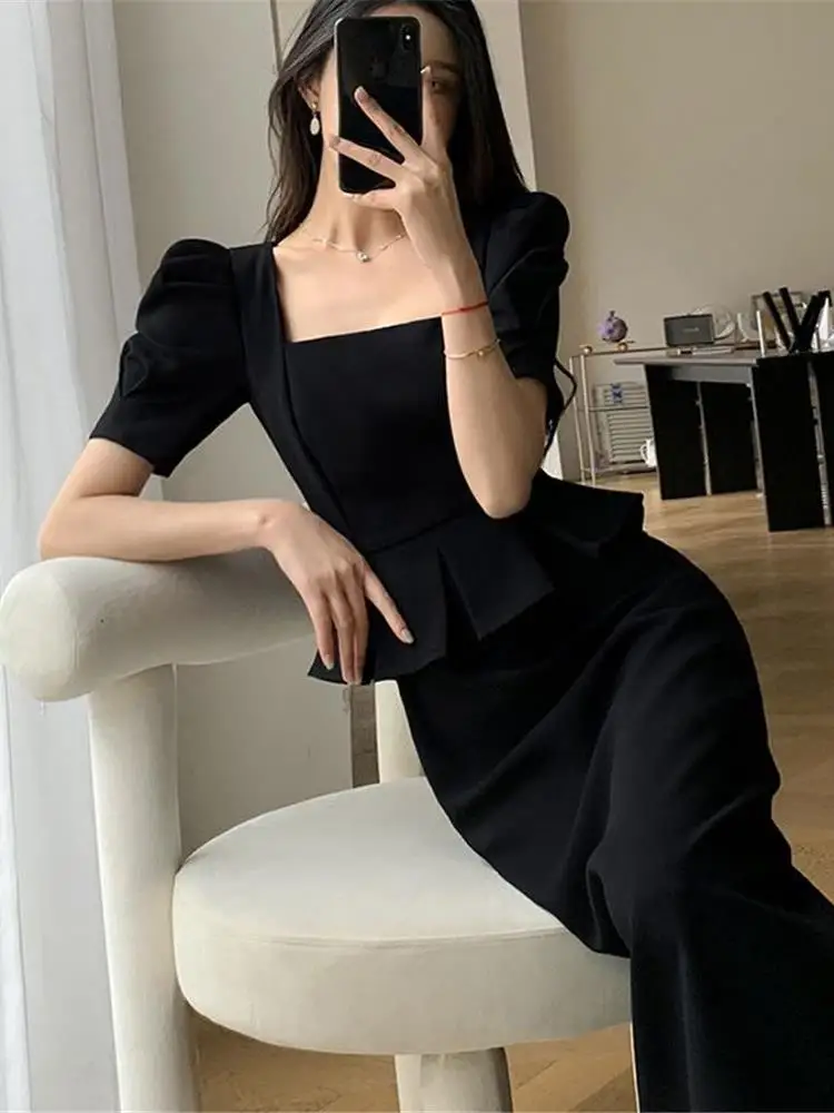 우아한 여름 긴 드레스 여성의 높은 허리 버블 슬리브 스퀘어 칼라 슬리밍 a 라인 가운 한국 스타일 폴리 에스터 섬유