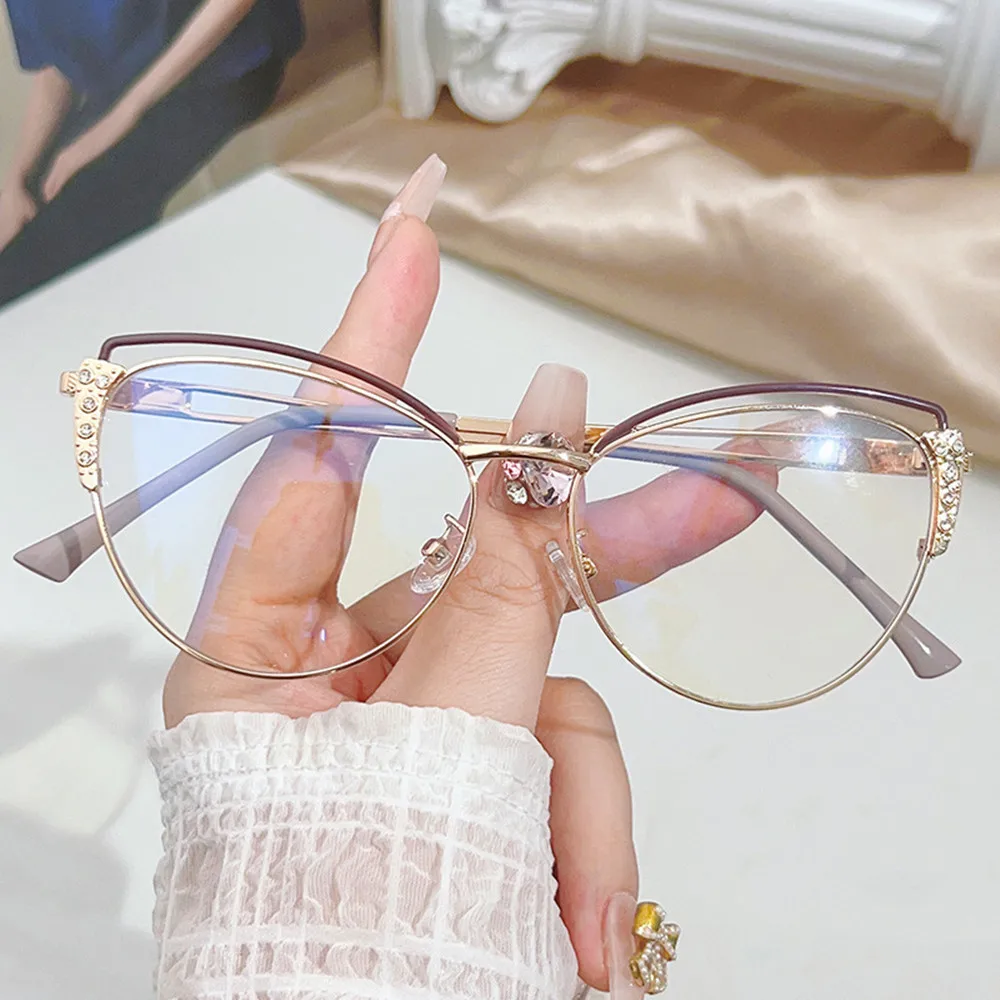 Lunettes anti-rayonnement bloquant la lumière bleue pour femmes, lunettes œil de chat, monture en métal pour femmes, lunettes d'ordinateur en biscuits avec diamant, nouveau