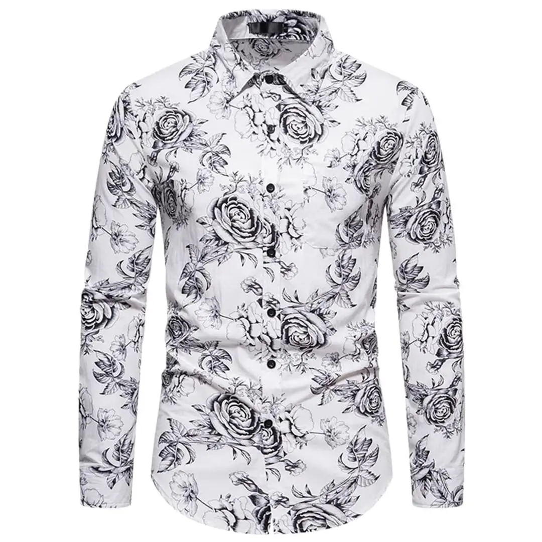 Moda fiore rosa modello stampa 3D camicia a maniche lunghe da uomo autunno camicia abbottonata festival casual bavero abbigliamento da uomo