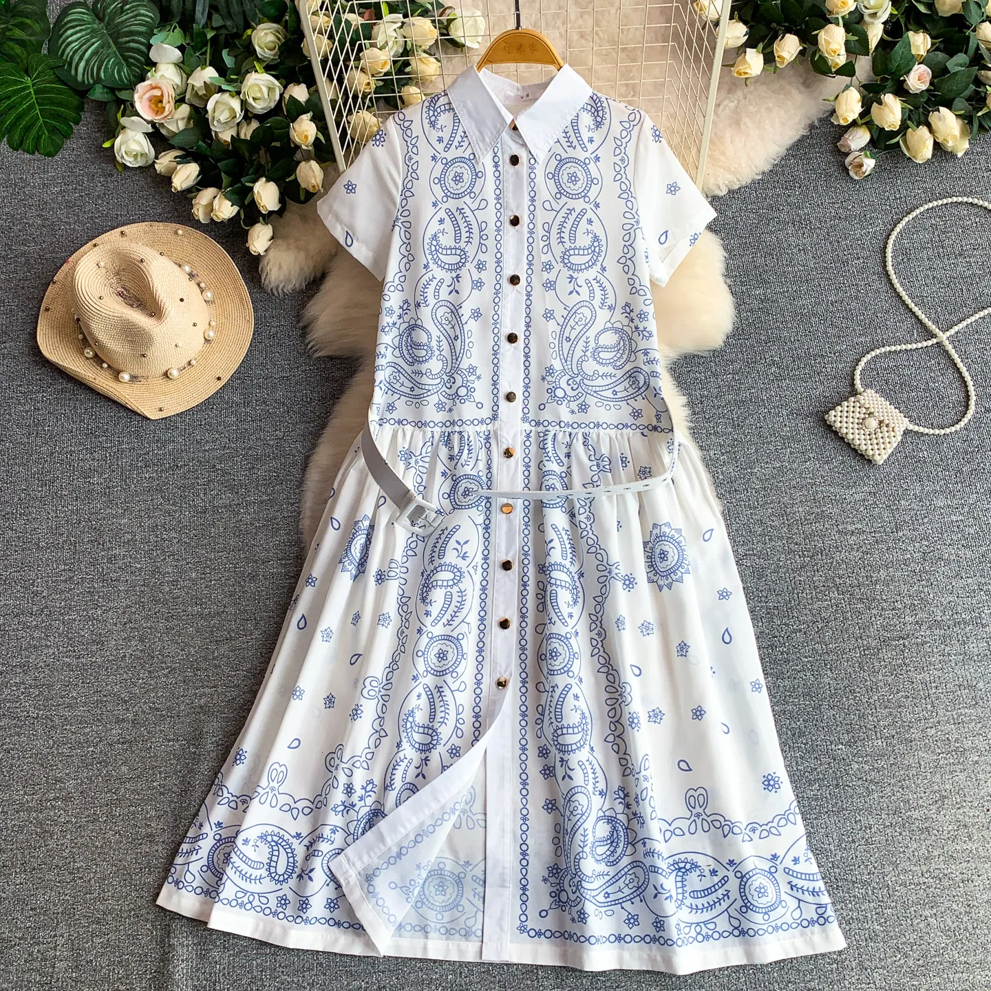 Geometry Print Women's Dress Summer French Style Holiday Style Short Sleeve Lapel Woman Clothes with Metal Buckle Sashes