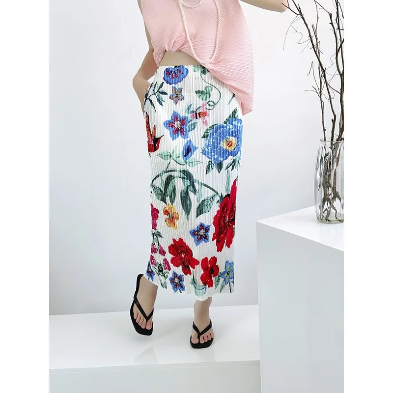 

Miyake плиссированная новинка весны и лета 202, полуюбка с цветочным принтом, простая свободная повседневная эластичная одежда для отдыха на берегу моря, полиэстер, креп