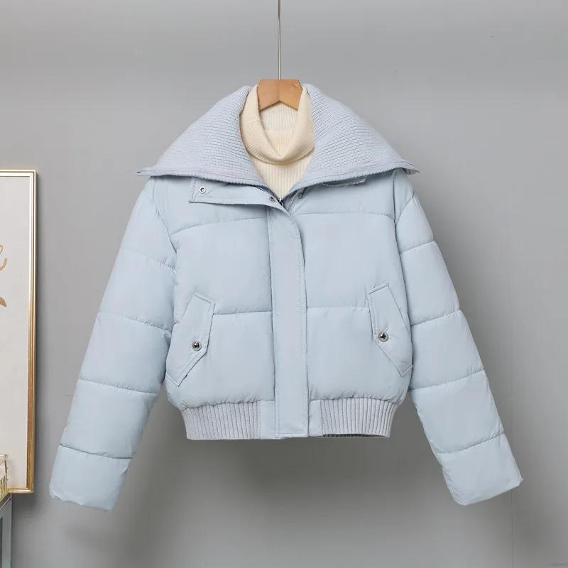 Fashion Knitted Splicing Lapel Collar Winter Coat 2025 Women's New Solid Color Thicken Short Parkas Jacket Lady Cotton Outerwear