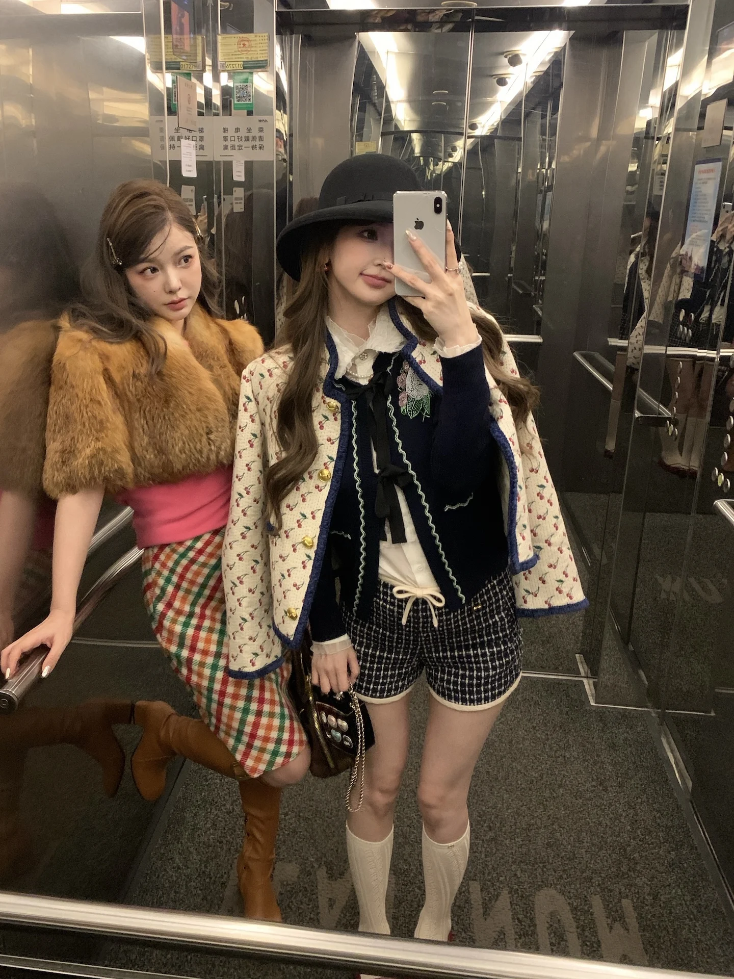 

F Boutique Miu Sle Plaid Fur Skirt Young Women's Winter Thiened Long Sve round Ne ort Quilted Leather Coat
