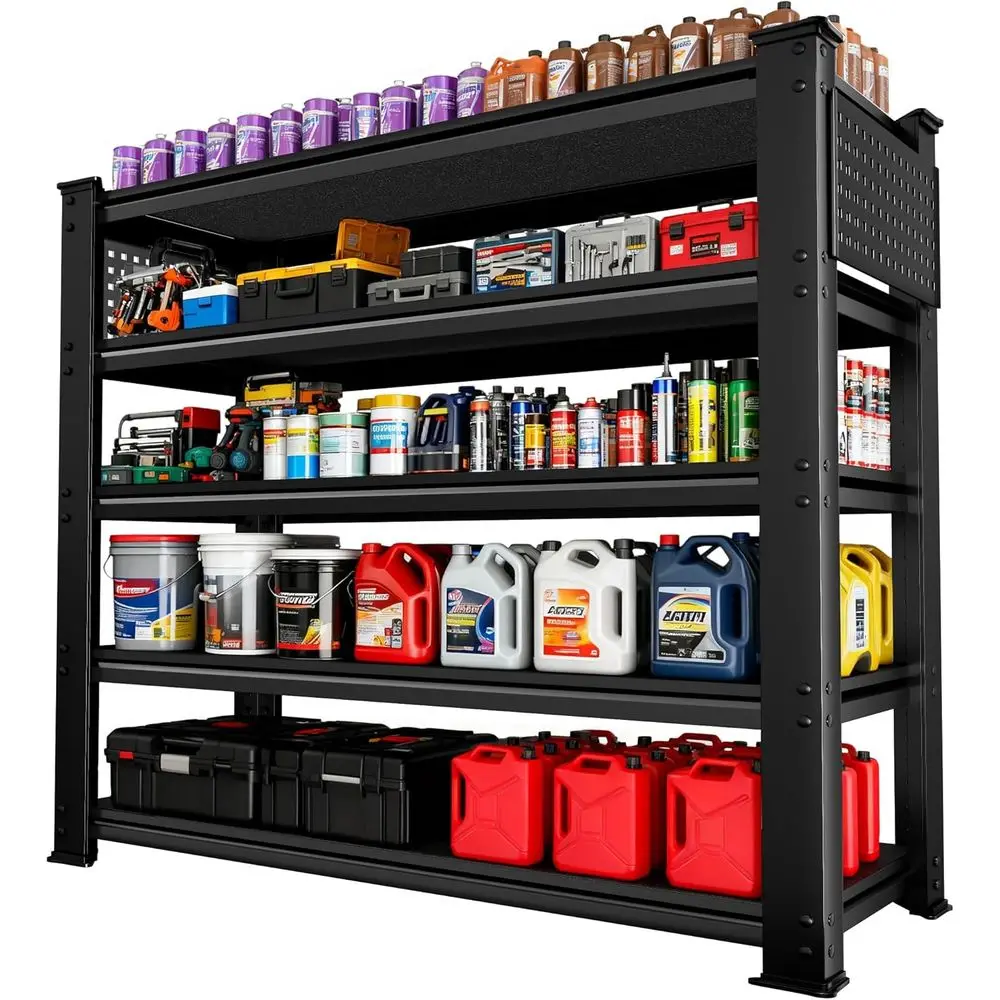 

Heavy-Duty 5-Tier Adjustable Shelving Unit for Garages, 72.2H x 48.2W x 24.2D, 5000 lbs Capacity, with Side Pegboards