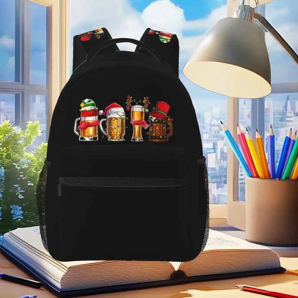 

Merry Christmas Beers Drinking Lover Santa Backpack Student Boys Girls BookBag Kid School Bag Laptop Shoulder Bags for Men Women