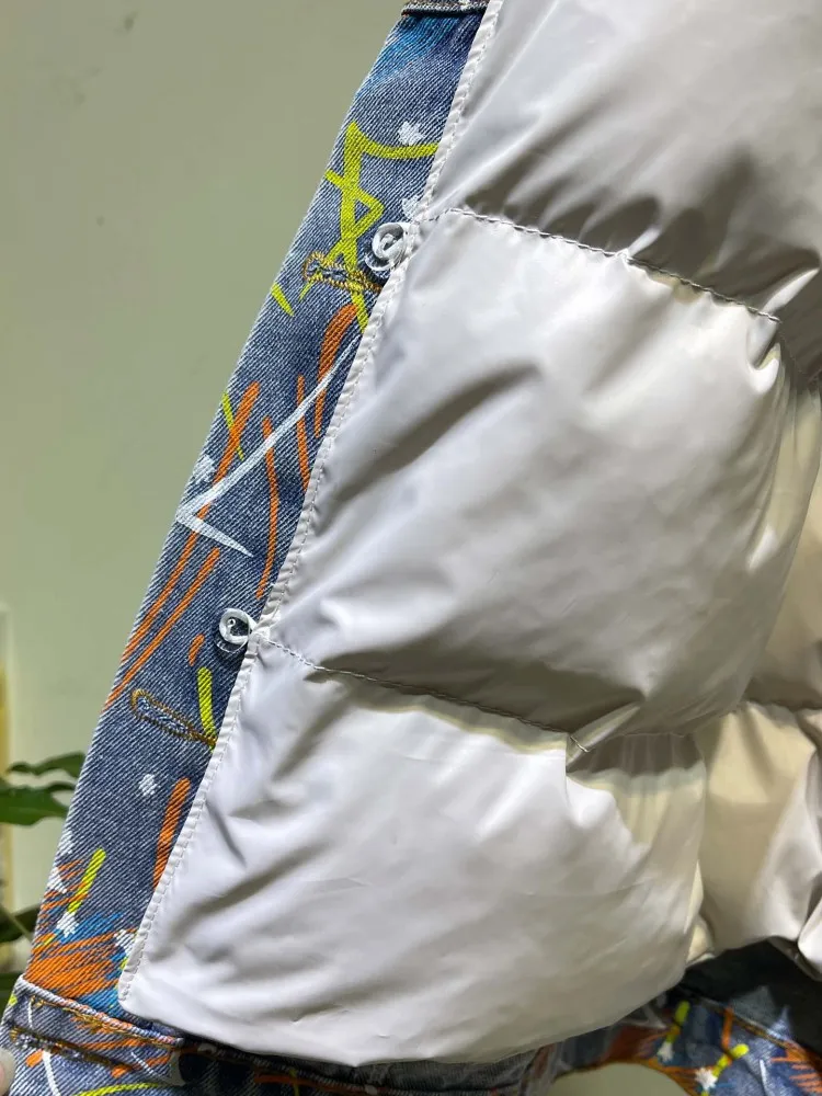 الشتاء النساء أسفل معطف الثعلب الفراء طوق المطبوعة الدنيم الستر بطانة انفصال سترة منفوخة مكتب سيدة واحدة الصدر ملابس خارجية