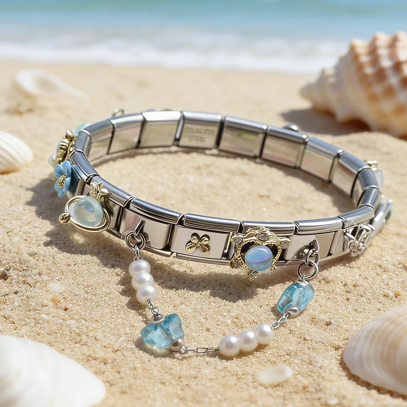 

Браслет Ocean Italian Charm 9 мм из нержавеющей стали с жемчужными подвесками, модульный браслет с морской черепахой и ракушкой для женщин, летний подарок для девушки
