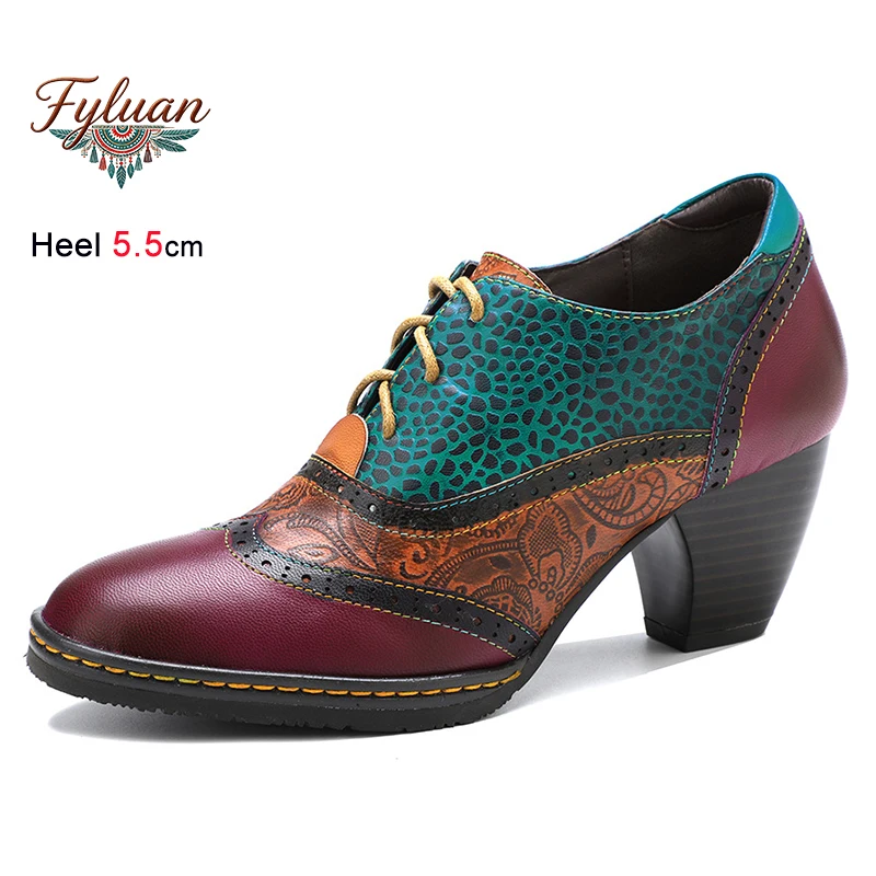 

Fashion New Spring Autumn Splicing Retro Print Women's Shoes Thick Heels 5.5cm Shallow Mouth Lace Up Ladies Pumps Bohemian Shoes