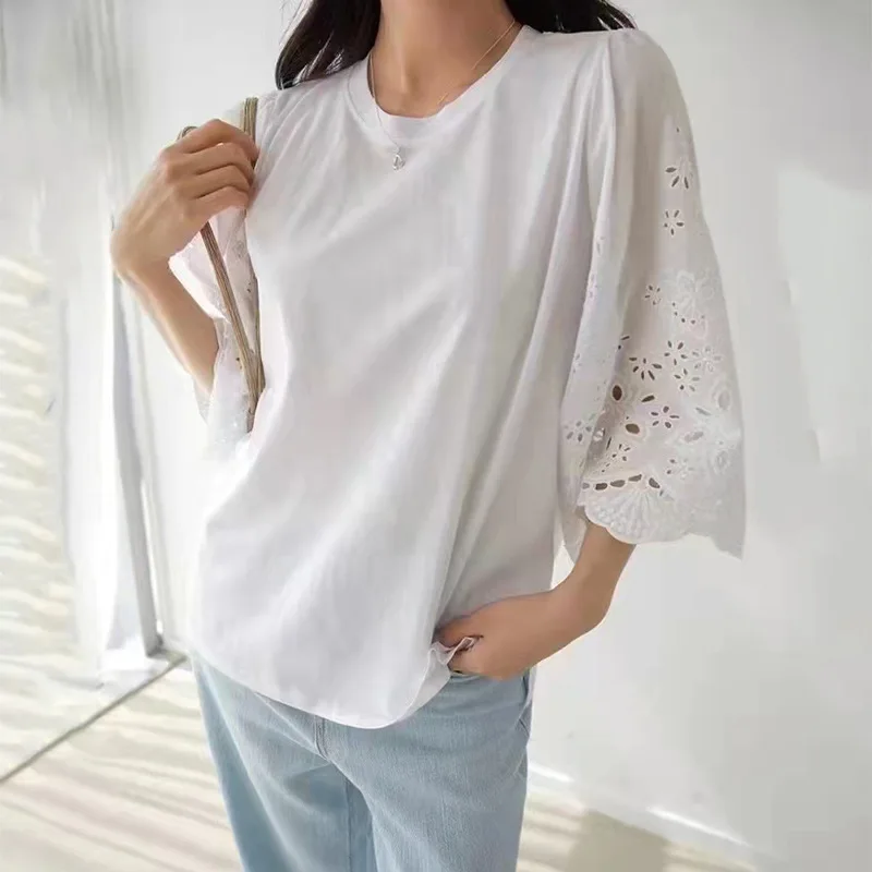 

Original Good Quality 2024 Summer Japan And Korean Embroidered Hollow Bubble Middle Solid Color Casual T-shirt For Women