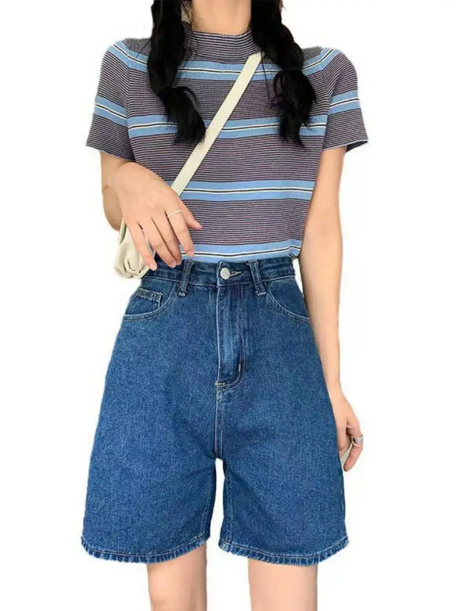 

Джинсовые лыжи с высокой талией, женские летние свободные брюки трапециевидной формы с прямыми штанинами и широкими штанинами, тонкие утягивающие брюки средней длины пяти четвертей