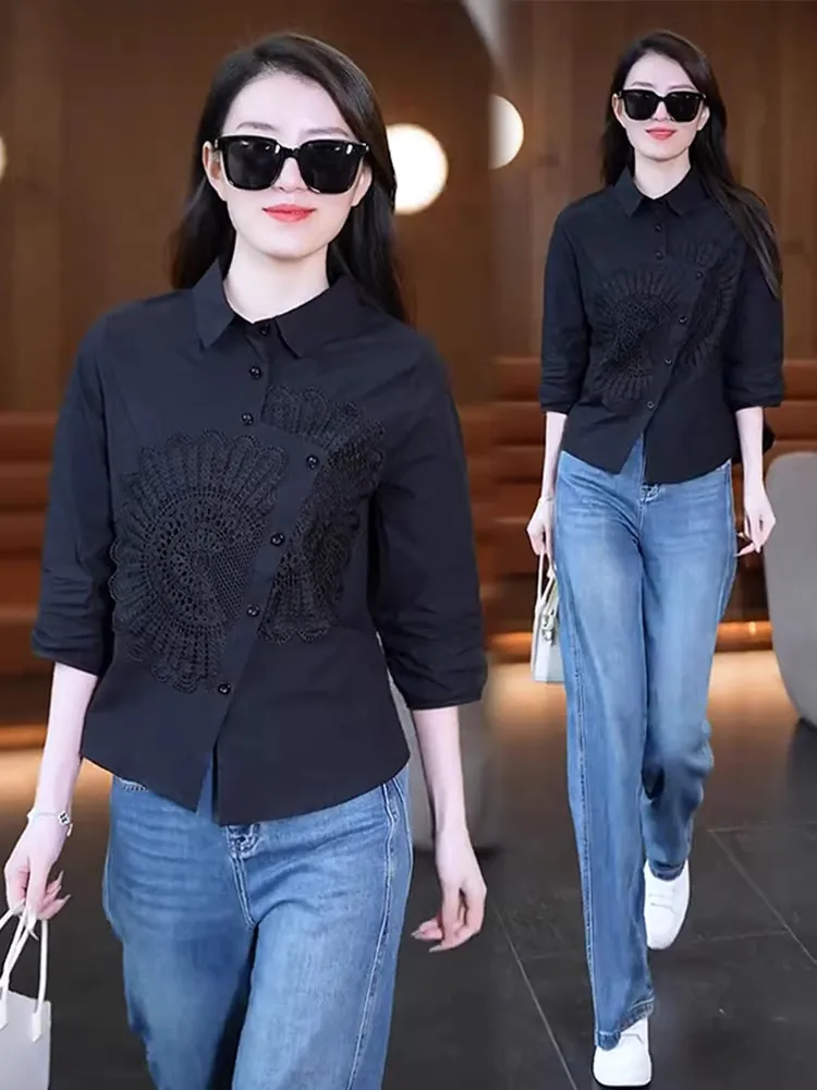 

Black Shirt Women's Spring Summer Thin New Style High Fashion Pure Color Seven Sleeve Loose Fit Button up Casual Wear