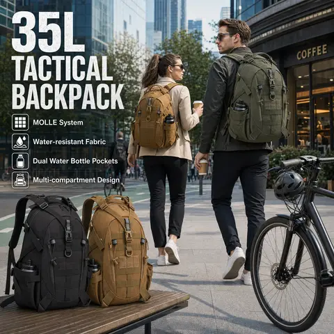35L Men's MOLLE Tactical Backpack with Reflective Strip & Double Zippers, Outdoor Hiking Camping Rucksack with Large Capacity Pocket & External Straps, Survival Emergency Gear Bag