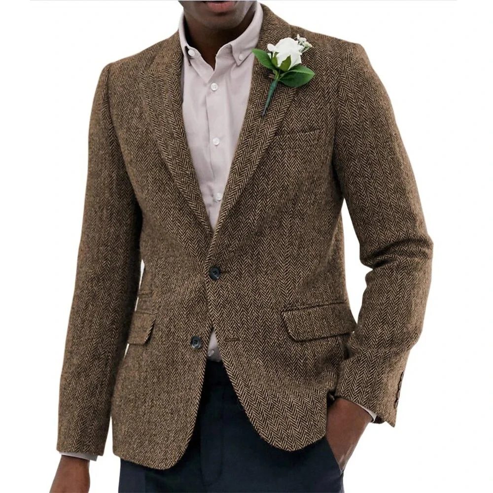 

Groom and groomsman casual British herringbone brown fabric slim fit handsome men's fashionable suit jacket
