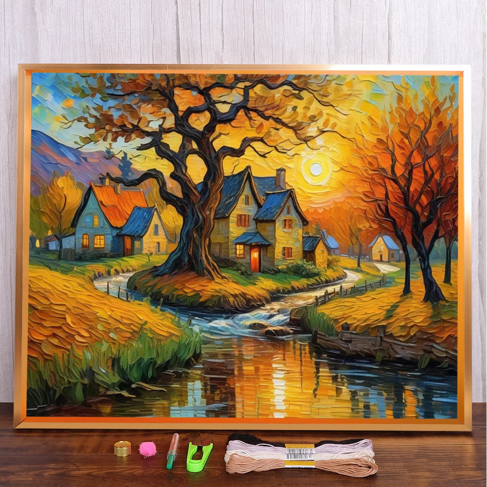 Landschaft Sonnenuntergang gedruckt 11CT Kreuzstich komplettes Kit DIY Stickerei Handwerk Handwerk Nähen Hobby für Erwachsene Nadel Schmuck