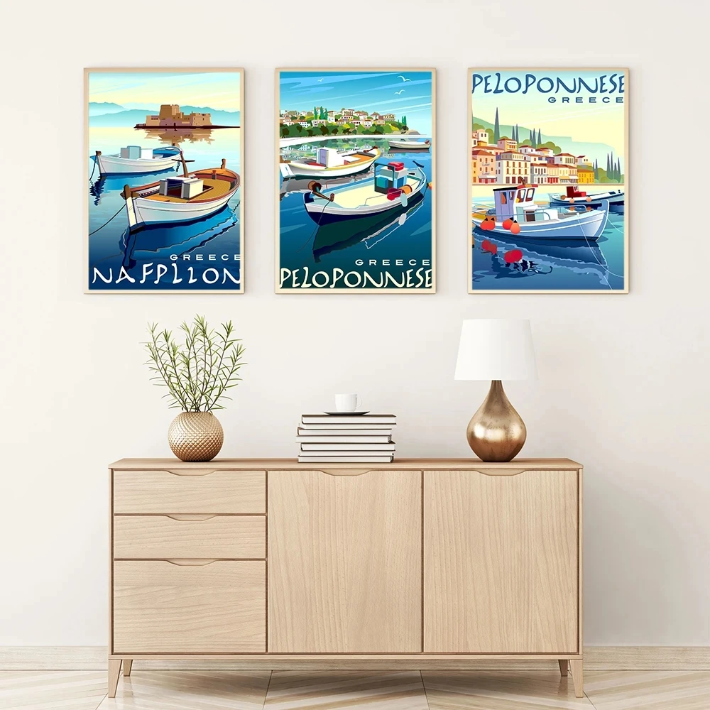 Travel to Greece Athens Rhodes Island Wall Art Canvas Painting Vintage Posters Fishing Boats Seascape Home Room Decoration Gift