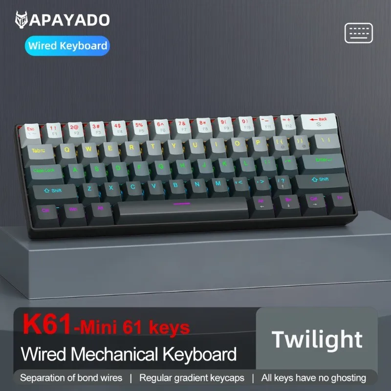 APAYADO K61 Mini Mechanical Keyboard 61 Tombol Tipe-C Keycaps Gradien yang Dapat Dilepas N-Key Rollover Ringkas