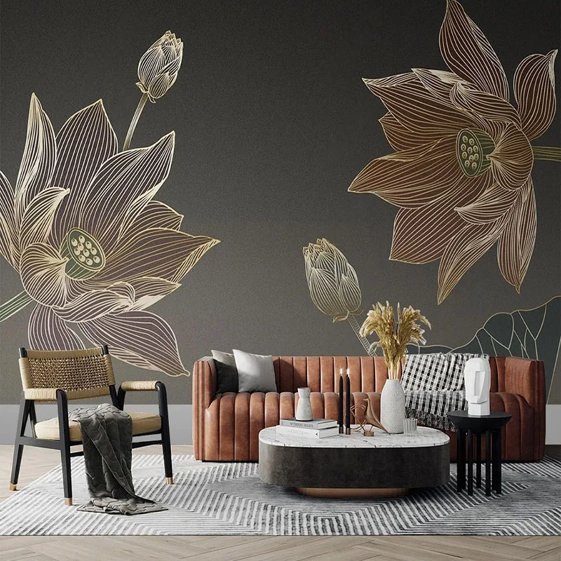 Custom Chinese Style Lotus Wall Mural 3D Relief Line Art Wallpaper Background for Living Room Bedroom TV Wall Decor