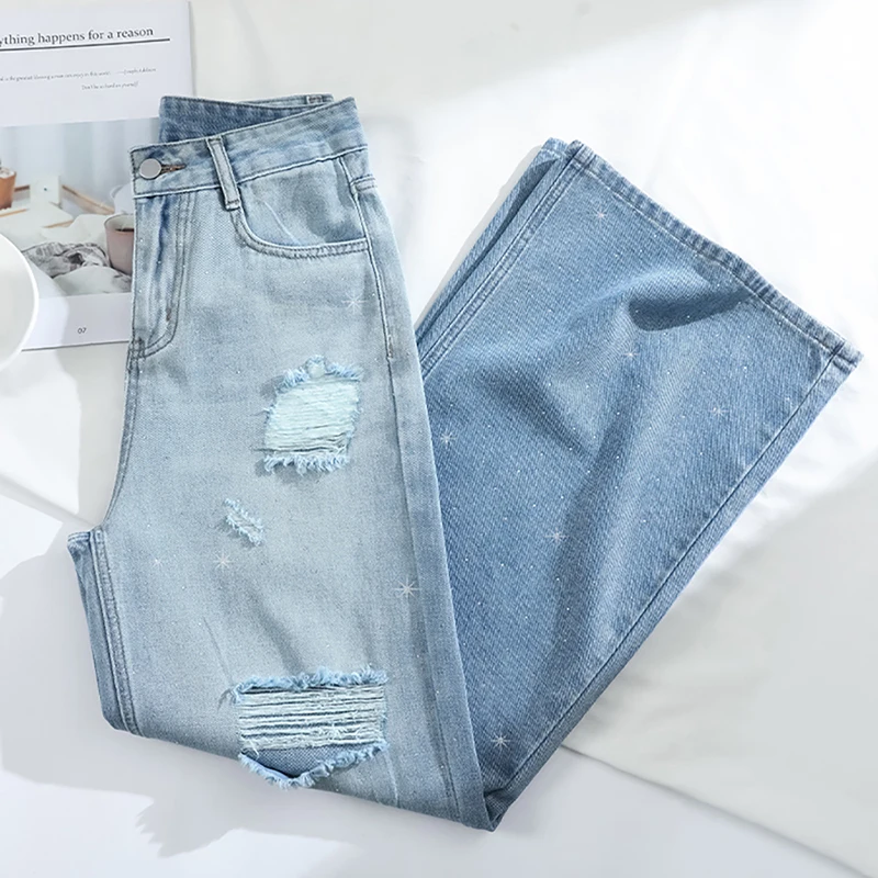 Gradientowe niebieskie jeansy z dziurami dla kobiet 2025 Summer High Waist Straight Loose Denim Pants Shiny Diamond Girls Wide Leg Pants