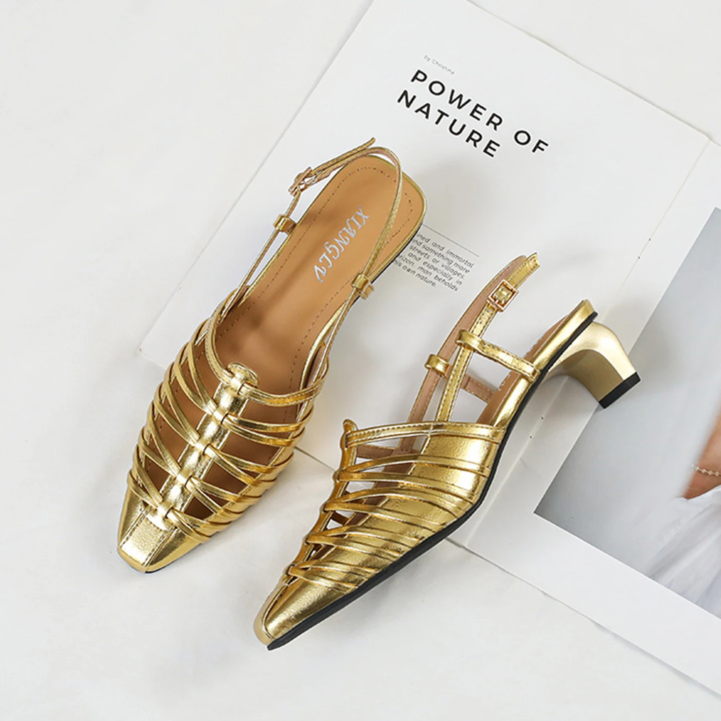 Summer Gold Pointed Toe High Heels Women Elegant Narrow Band Wedding Party Shoes Female Fashion Sandals Ladies temperamen Pumps