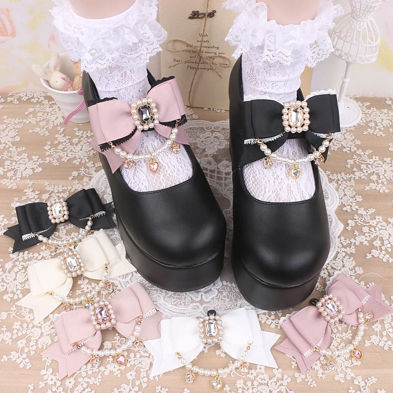 Handmade Lace Stitching Bow Pearl Beaded Shoe Buckle Sweet Cute Heart Shape Rhinestone Pendant Shoe Clip Lolita Shoe Decoration