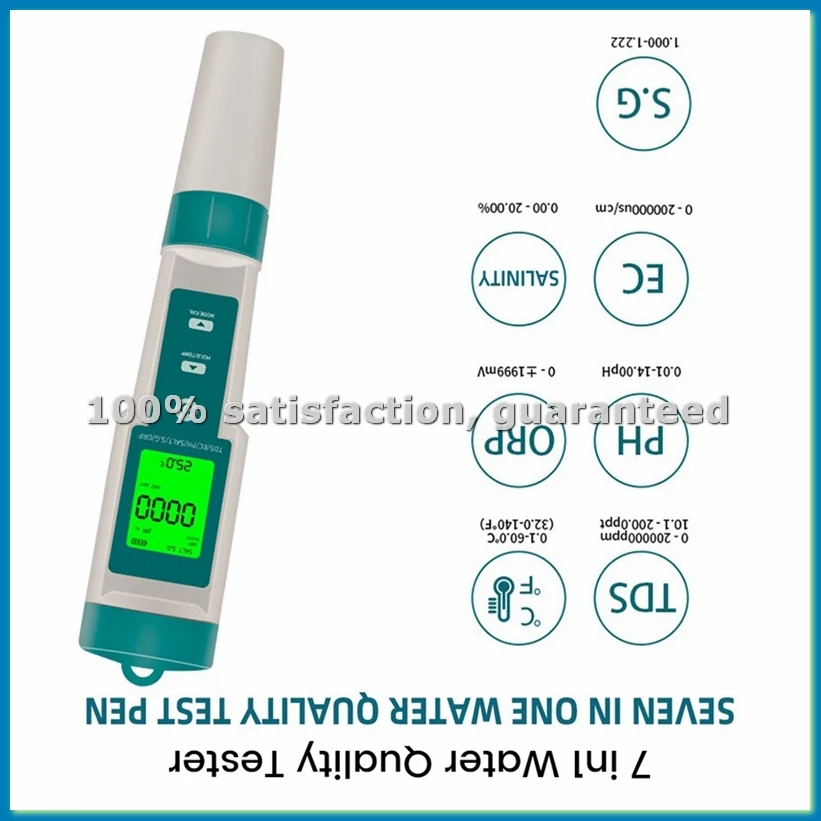 7 In1 Water Quality Tester PH/ORP/EC/TEMP/SALT/S.G/TDS LCD Backlight Test Pen Multifunctional Analysis Instrument-A10G