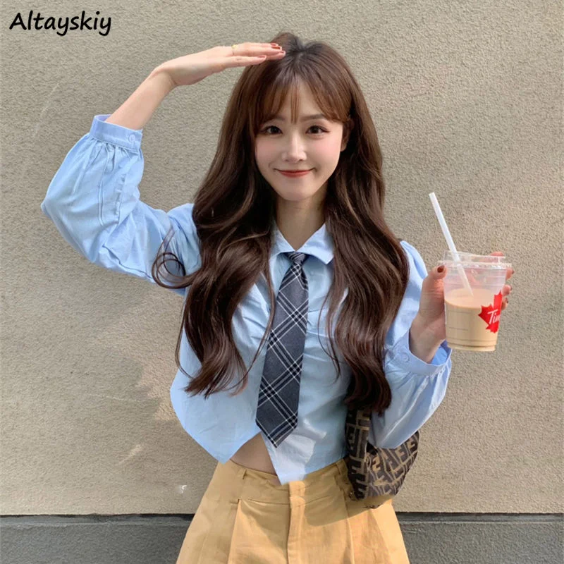 Shirt Women Cropped Folds Solid Stylish Sweet Girls Preppy Ladies Classic Spring Design Korean Style Casual Hot Sale Newly Chic