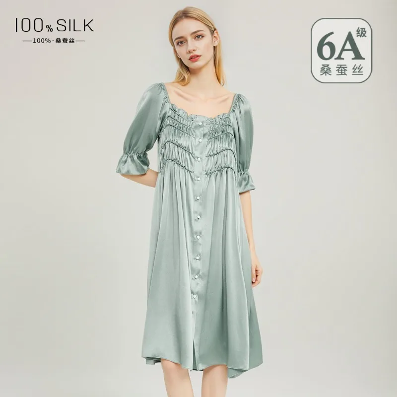 

Средней длины, платье во французском стиле, женская ночная рубашка из 100% тутового шелка, 19 мм, тяжелая домашняя одежда, ночные рубашки принцессы в стиле ретро