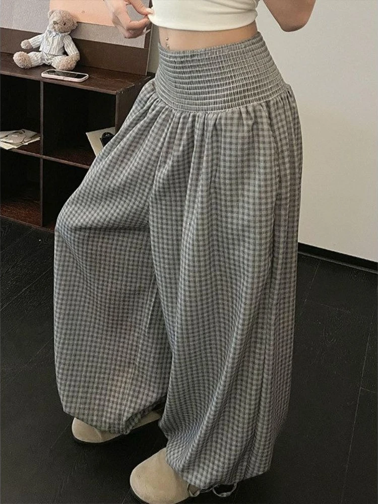 Korean Style Pink Plaid Women Wide Leg Pants 2026 Autumn High Waist Loose Figure Flattering Icy Silk Harem Lantern Trousers
