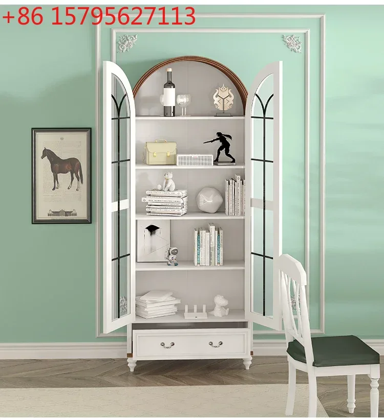 

All solid wood arched bookcase with glass door 80cm 1 meter American rural retro living room display stand