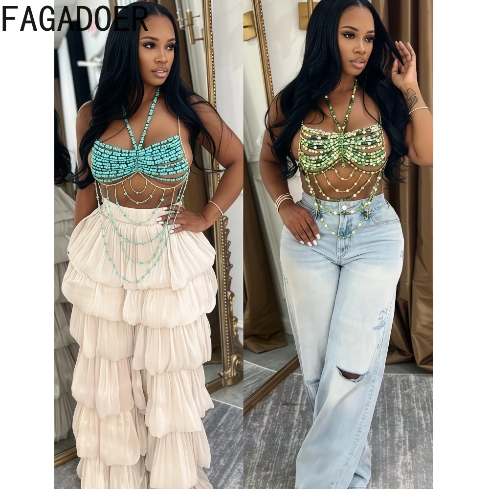 FAGADOER Sexy Beading Patchwork Camisole Bodycon T-shirt Woman Spaghetti Strap Sleeveless Backless Crop Top Female Streetwear