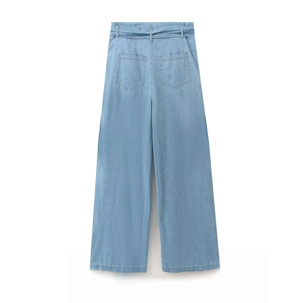 

Faionable Wide Leg Denim Jeans Women's Long Trousers with Belt 2024 Autumn Collection Ele Casual Sli