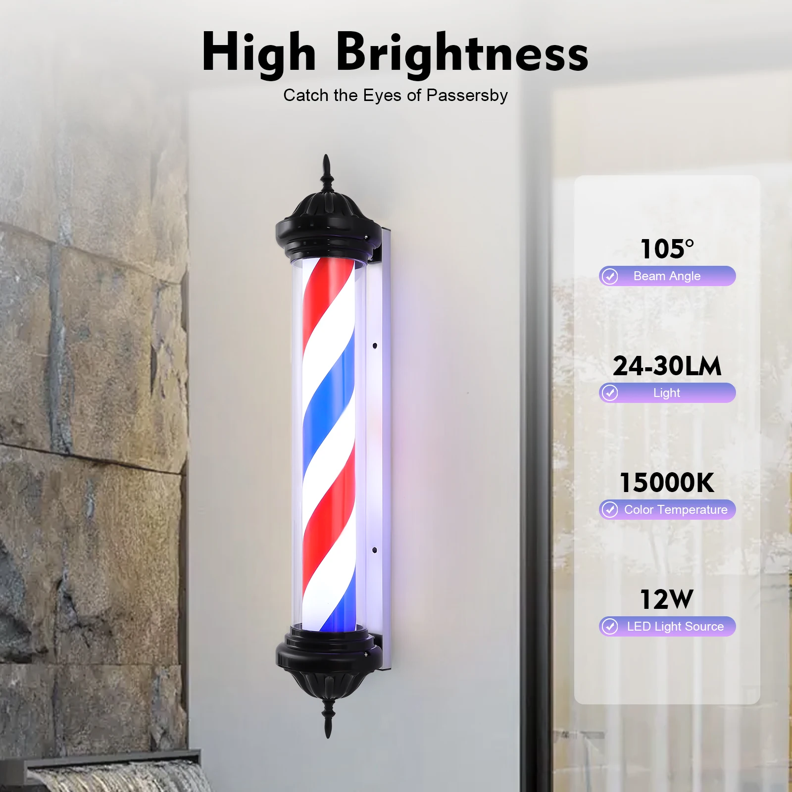 Barber Pole LED Light, Hair Salon Barber Shop Open Sign, Wall Mounted Rotating Red White Blue Spinning Strips Sign