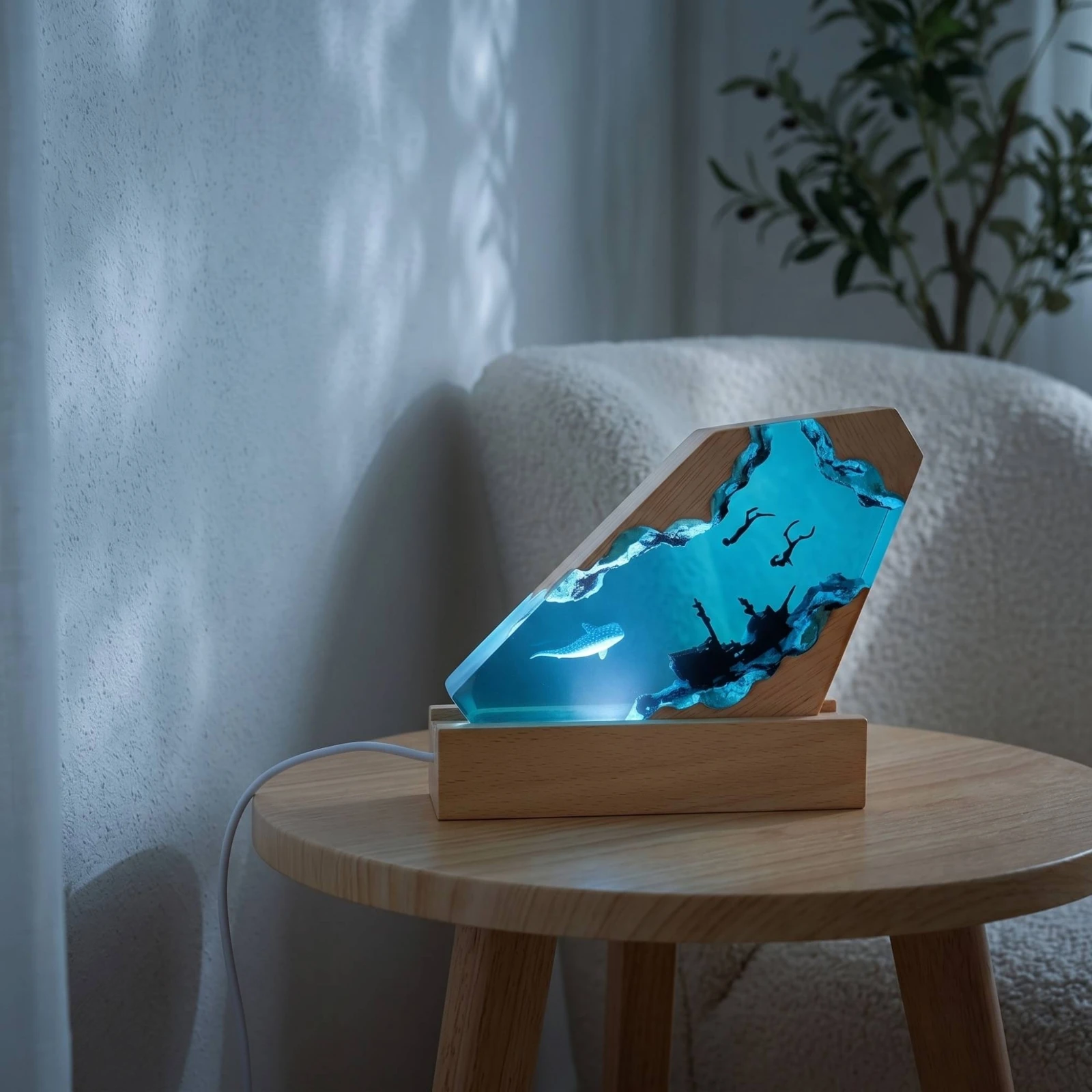 Resin Night Light with Wood Base Deep Sea Resin Wood Night Light Translucent Compact for Bedside Table, Desk view 2