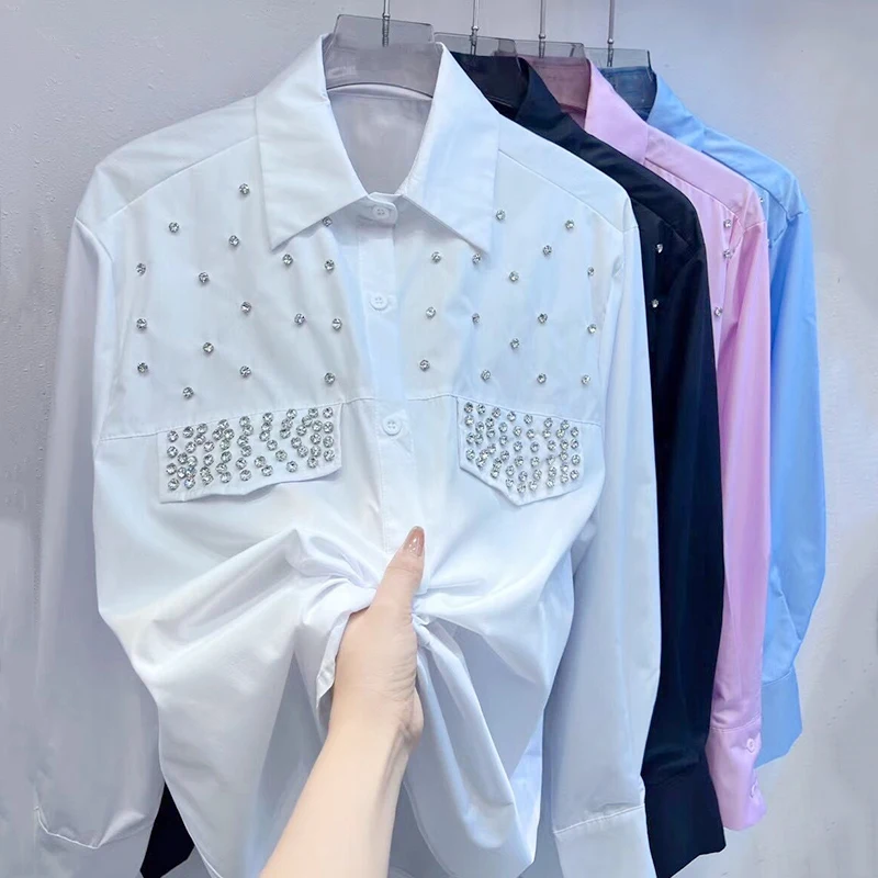 Exquisite Rhinestone Blue Long Sleeve Shirt New Women Summer Autumn New Niche Design Casual All-Match Loose White Blouse Tops