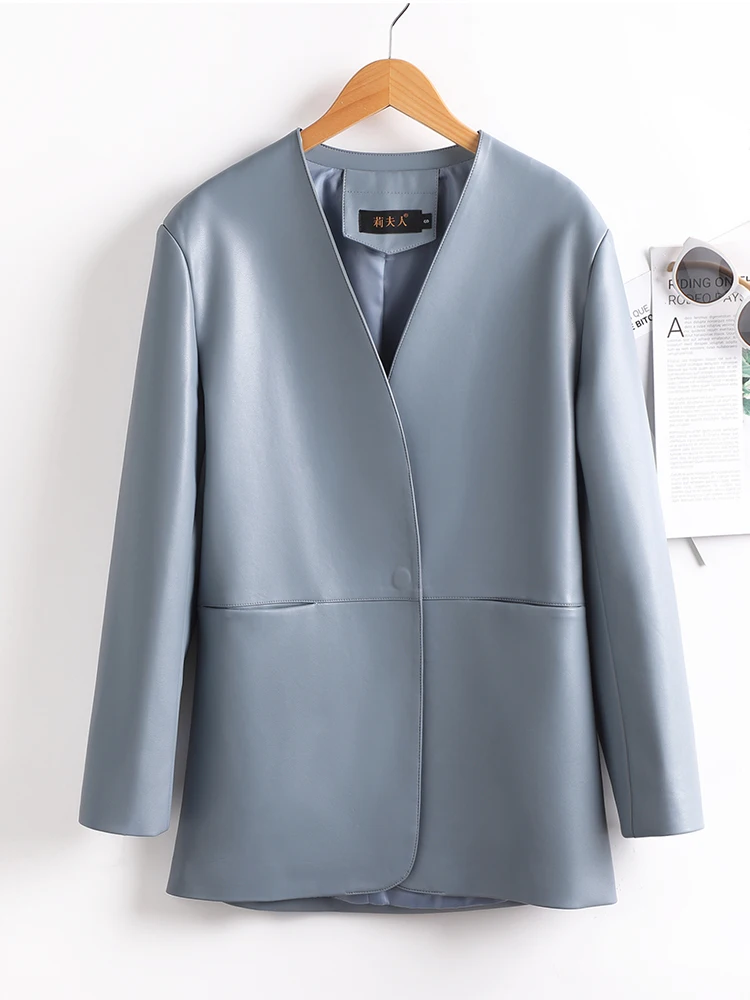 レザージャケット女性ショートカバーボタンポケットコートシックなオフィスレディーススプリット羊革韓国ルーズ生き抜く