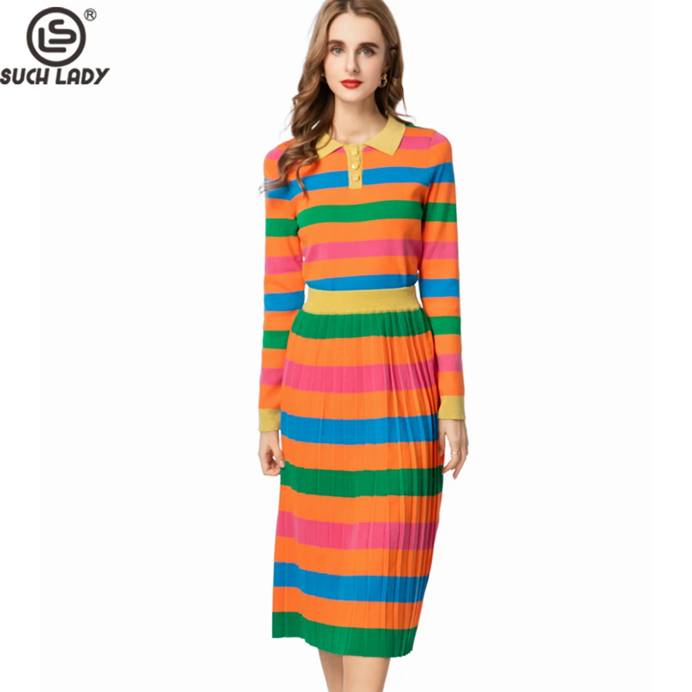 

Women's Two Piece Set Multicolor Striped Polo Collar Long Sleeve with Pleated Skirt and Button Front, Casual Everyday Wear