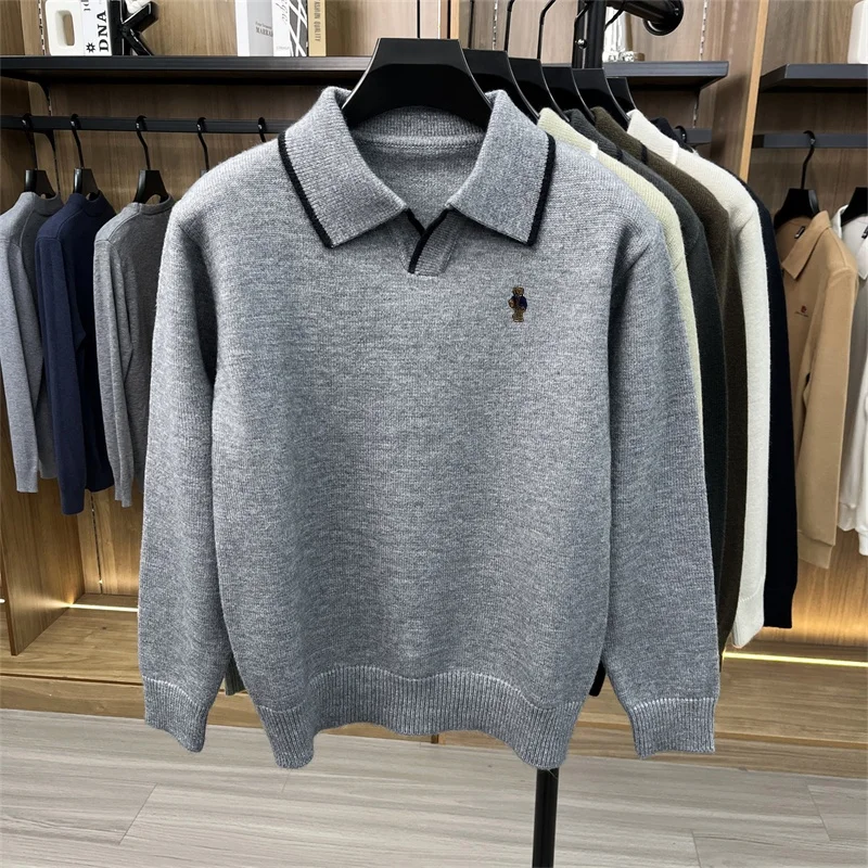 Luxusmarke Herren-Poloshirt mit Stickerei-Print, Herbst Neuheit, Langarm, Kragen, Einfarbig, Strick-T-Shirt, Modische Business-Herrenbekleidung – Detail 5