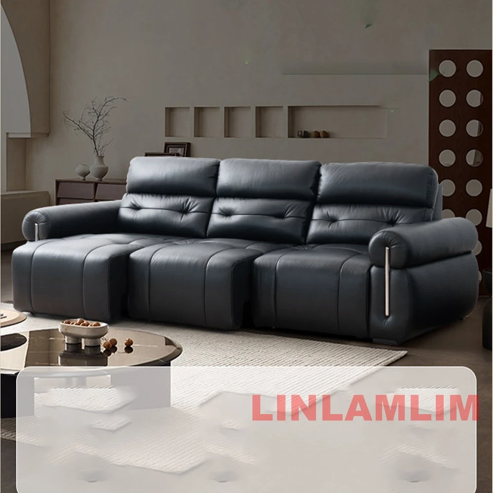 Pull-Out Sleeper Sofa Couch with Adjustable Headrests and Fold-Down Console /Socket, Modern Genuine Leather Convertible Sofa Bed