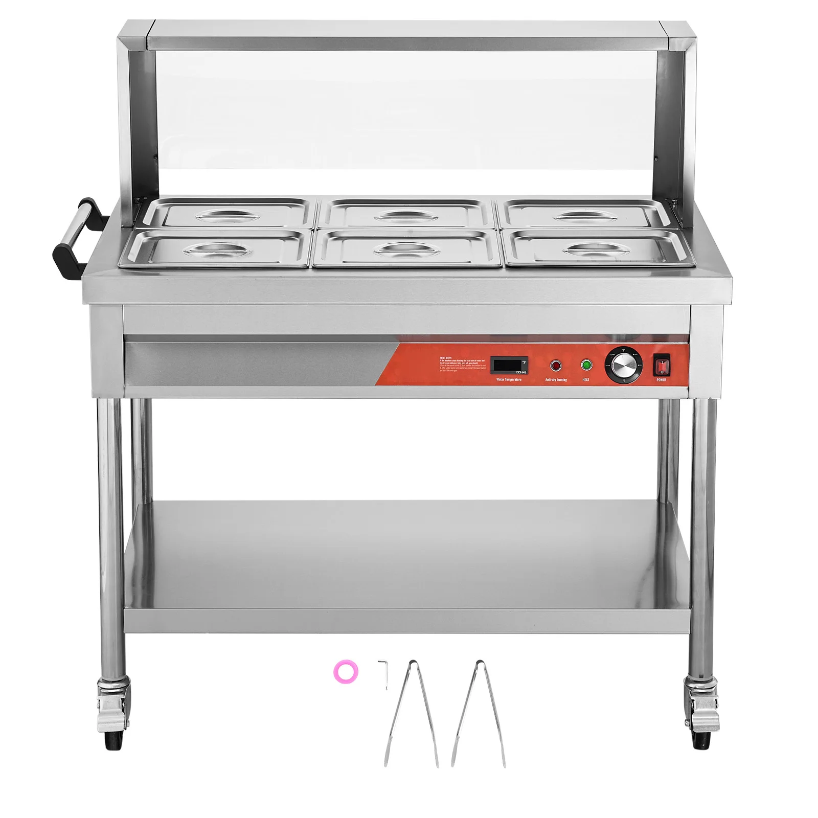 6-Pan Commercial Food Warmer, 6 x 1/2 Pans Electric Steam Table, 1500W Professional Buffet Catering Food Warmer with Shield Undershelf Wheels, Stainless Steel Server for Party Restaurant