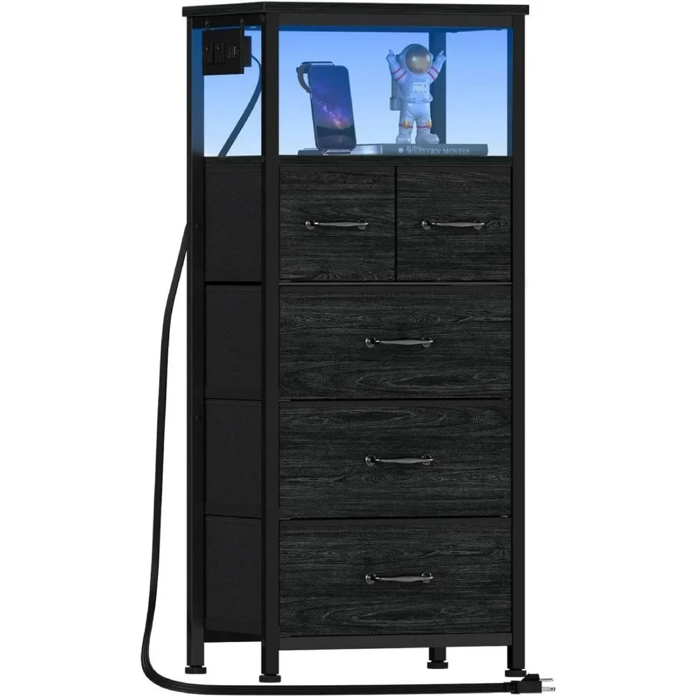 Vertical Dresser with Charging Station and LED Lights, Black Chest of Drawers with Shelf and 5 Fabric Bins, Tall Nights