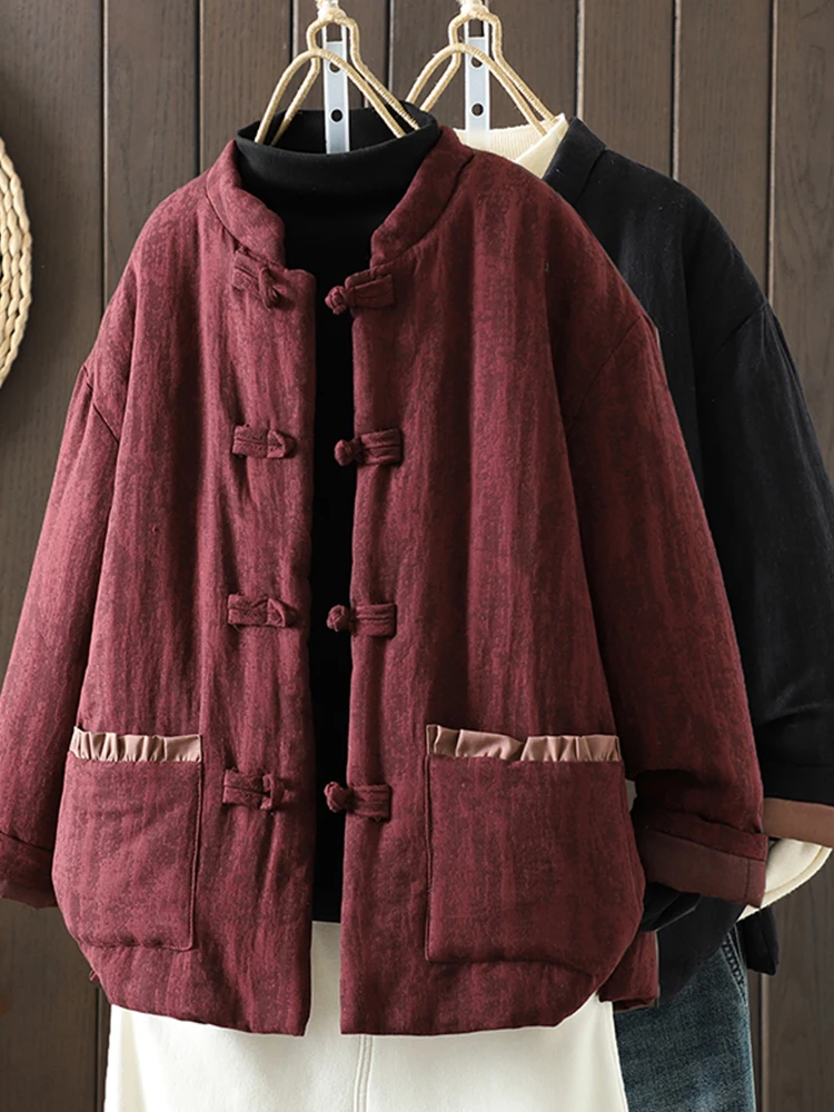 

Retro Chinese Sle ort Thiened Cotton Jaet Women's Winter Warm Coat Button Closure Traditional Embroidery Design